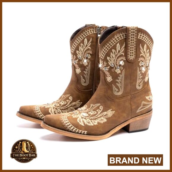 Sparkly Embroidered Rhinestone Cowboy Boots with Side Zipper, PU Leather - Picture 6 of 7